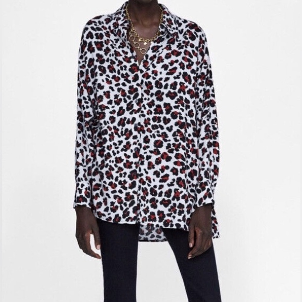 Zara Basic Leopard Button Down Shirt Tunic Burgun… - image 1